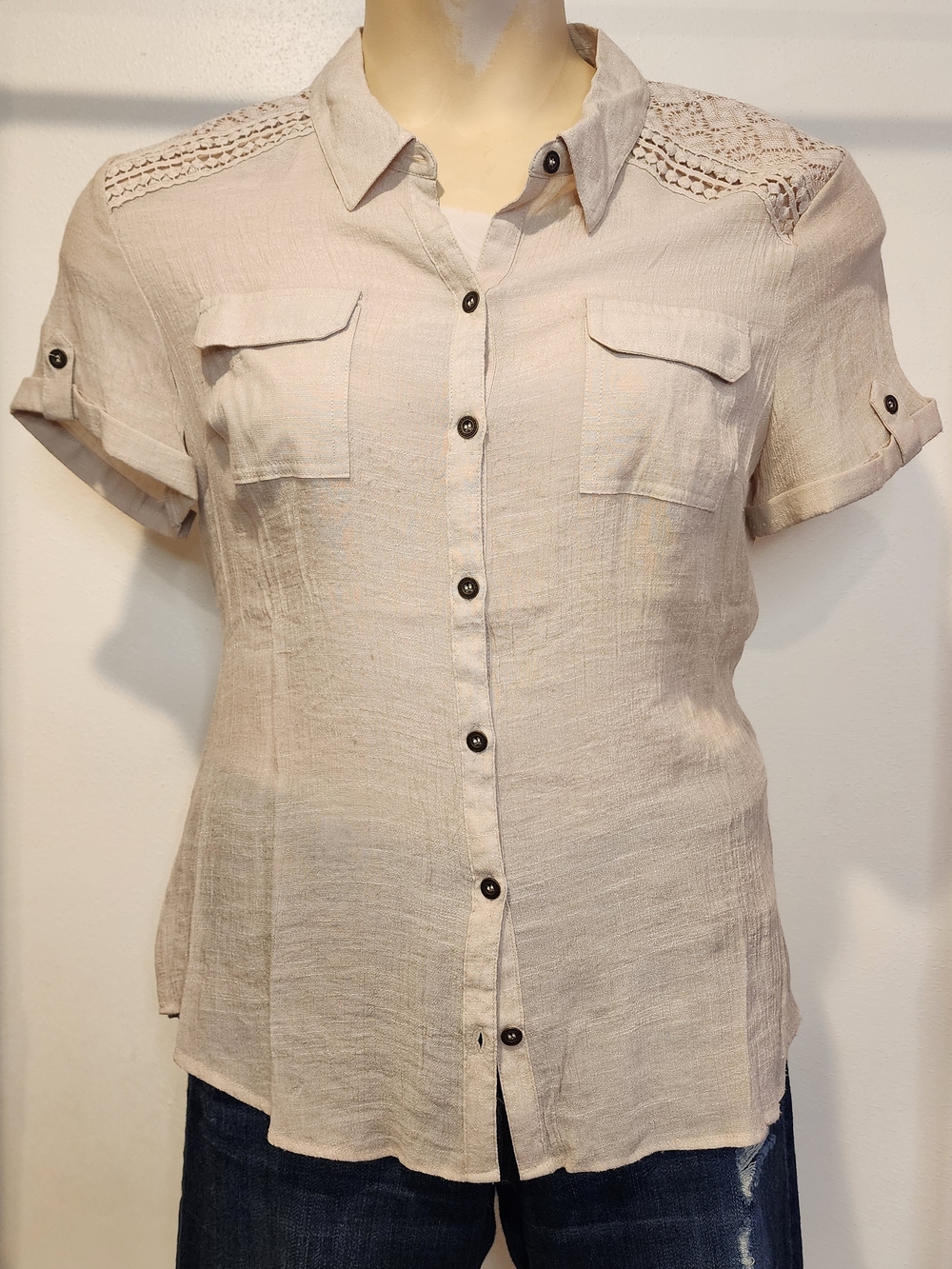 Beige Crochet-Yoke Short Sleeve Button-Down Shirt